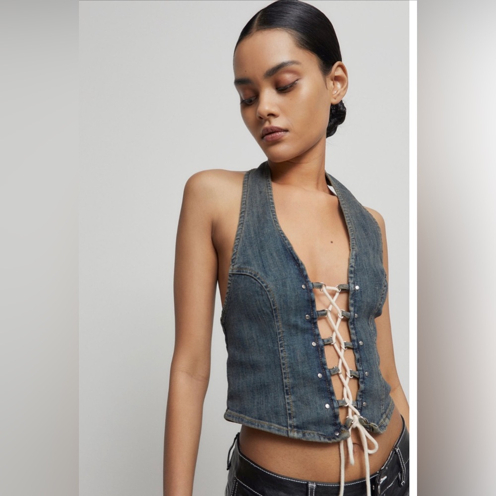 Denim Lattice Halter Top